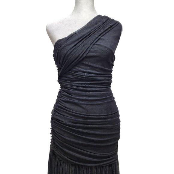 One-Shoulder Black Ruched Evening Gown With Sheer Skirt Size S - Picture 6 of 9